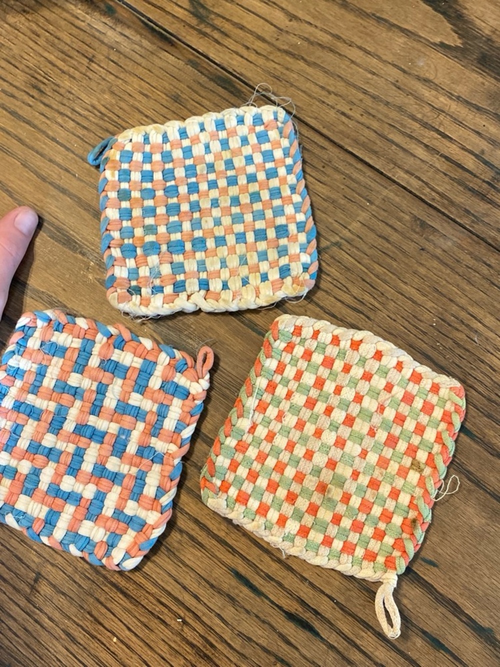 Set of 3 Woven Cotton Potholders - Blue, Peach, Cream & Green, Orange, Cream